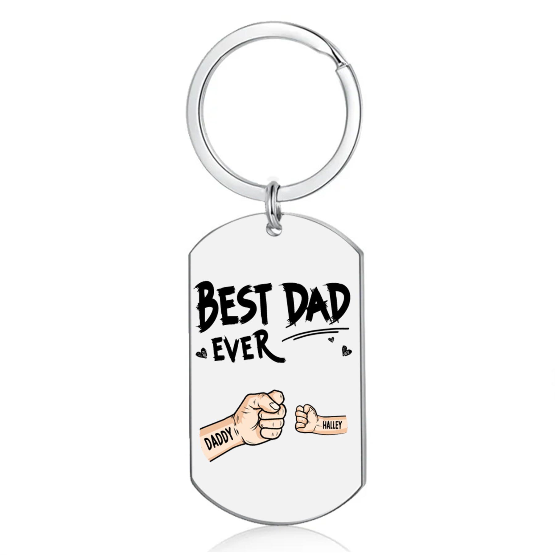 Personalised Best Dad Ever Keyring with 2–6 Names-Stainless Steel Fist-Bump Dog Tag Keychain Gift for Dad