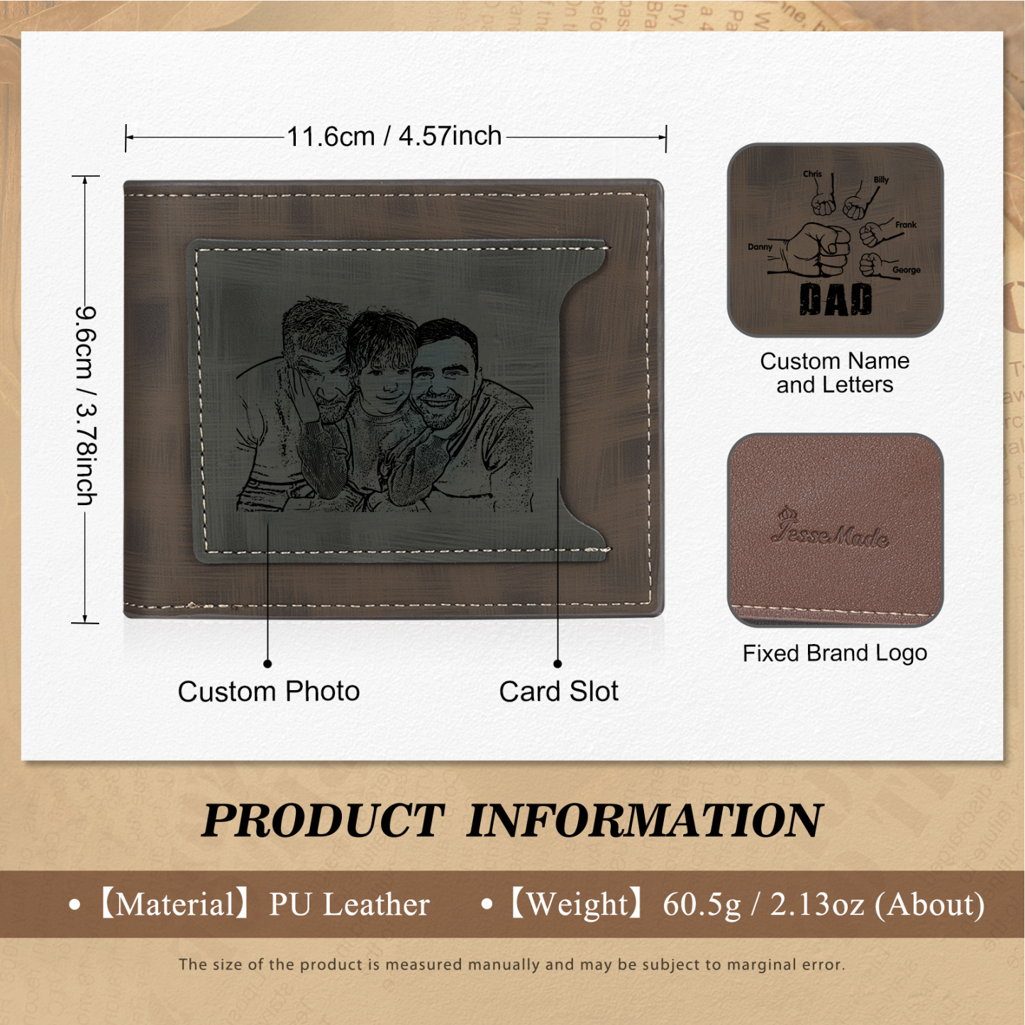 5 Names - Personalised Photo Custom Leather Men's Wallet as a Father's Day Gift for Dad