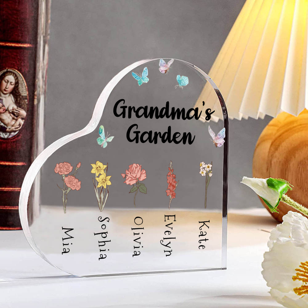 2 Names-Personalised Grandma's Garden Acrylic Customize Birthday Flowers Ornament Gifts-Special Heart Keepsake Desktop Ornament for Grandma