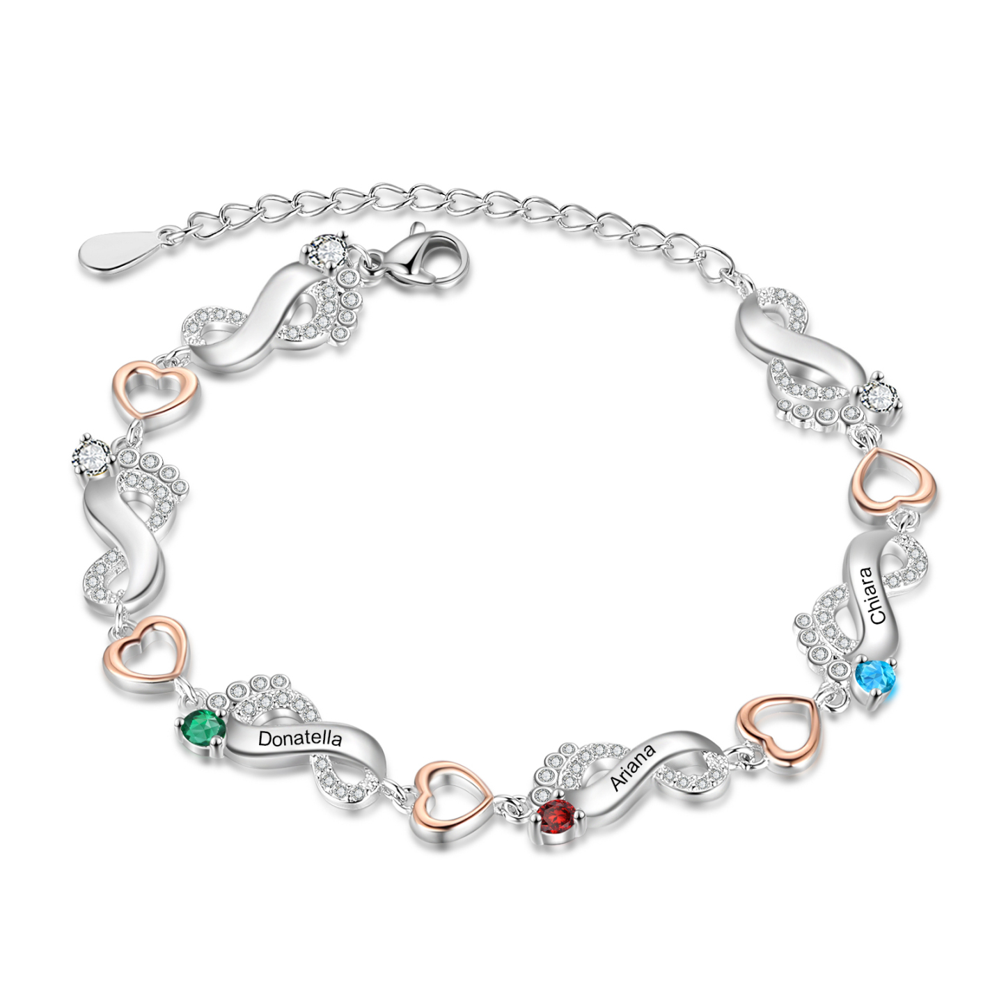 Personalised Baby Feet Bracelet Custom 3 Birthstones Set With Rose Gift Box Heart Bracelet Gifts For Women