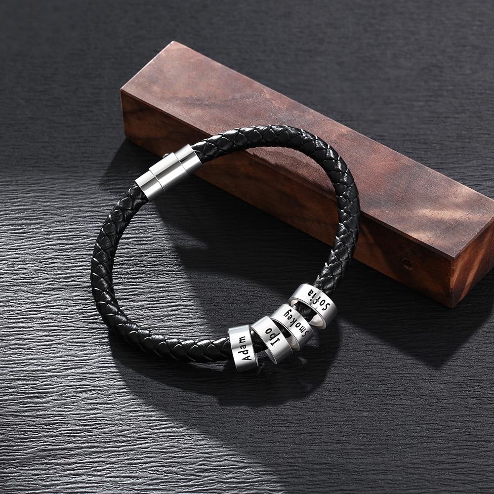 Men Leather Braided Rope Bracelet with 4 Sterling Silver Custom Beads Engarved 4 Family Names Black Bracelet for Men