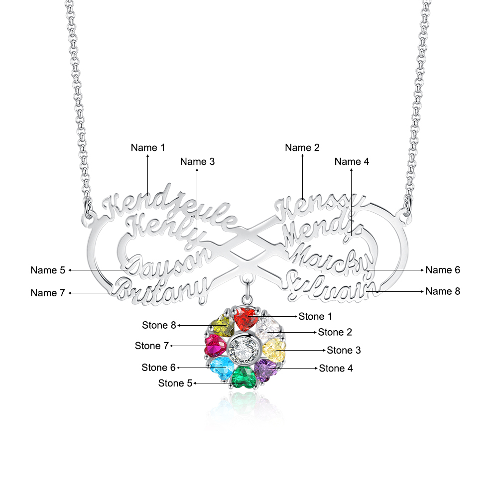 Personalised Infinity Necklace With 8 Birthstones Engraved Names Necklace Gift For Women