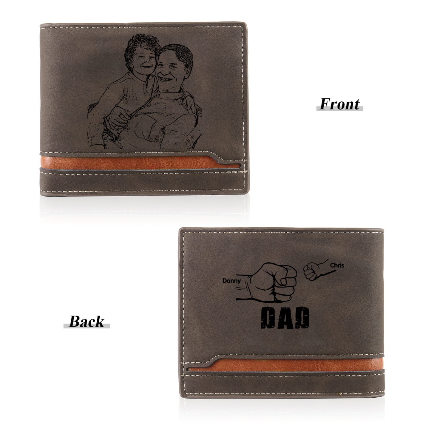 2 Names - Personalised Photo Custom Leather Men's Folding Wallet as a Father's Day Gift for Dad