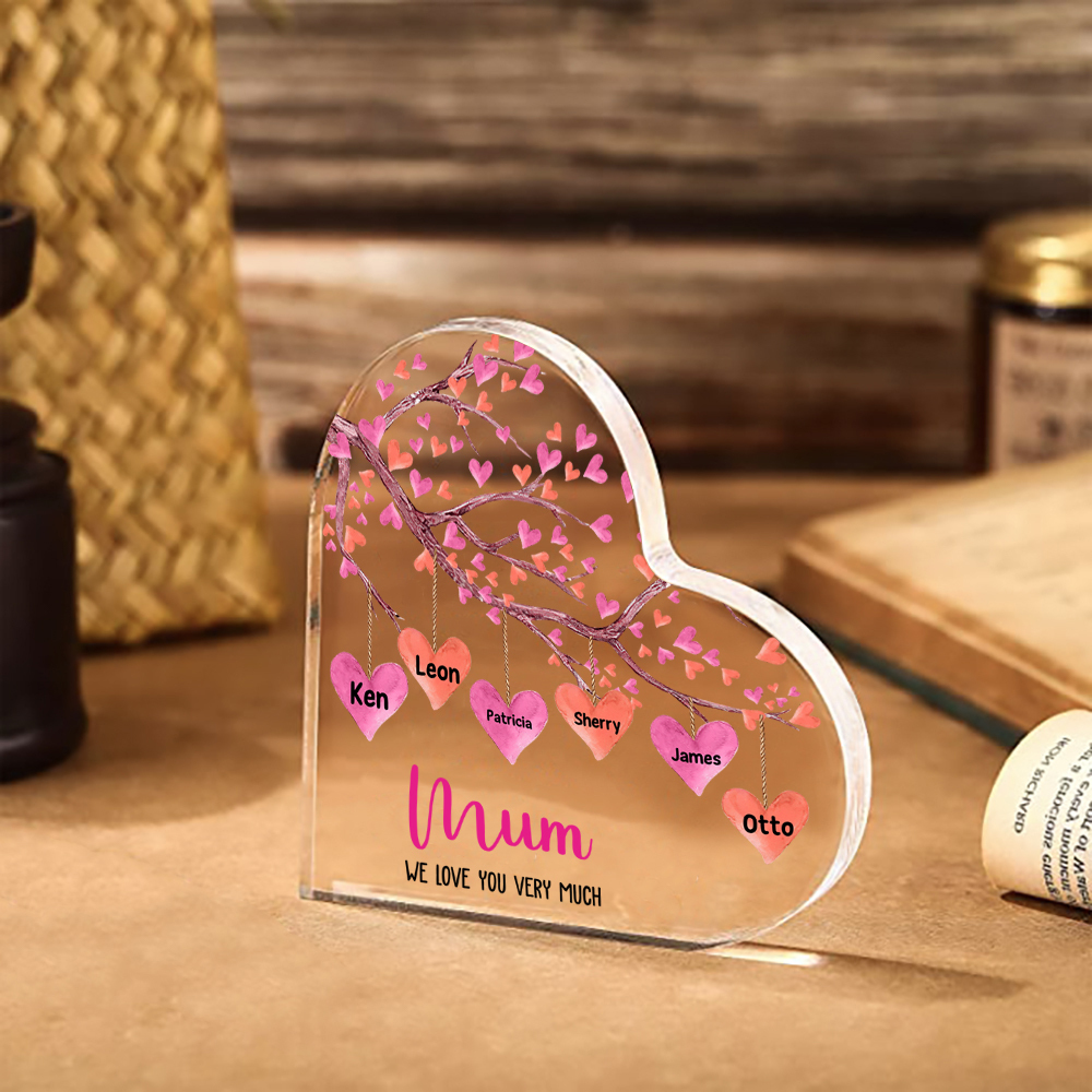 Customized 1-10 Names, Pink Love Tree Style Acrylic Heart Decoration Brand Plaque Decoration for Mum