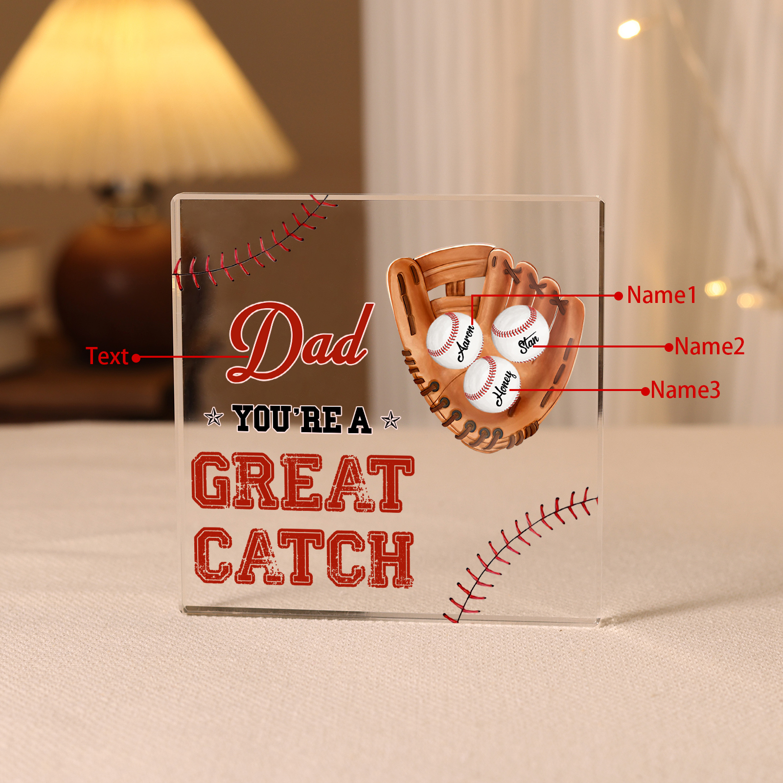 3 Names - Personalised Baseball Acrylic Keepsake Customized Name and Text Acrylic Plaque Ornament Father's Day Gift for Dad