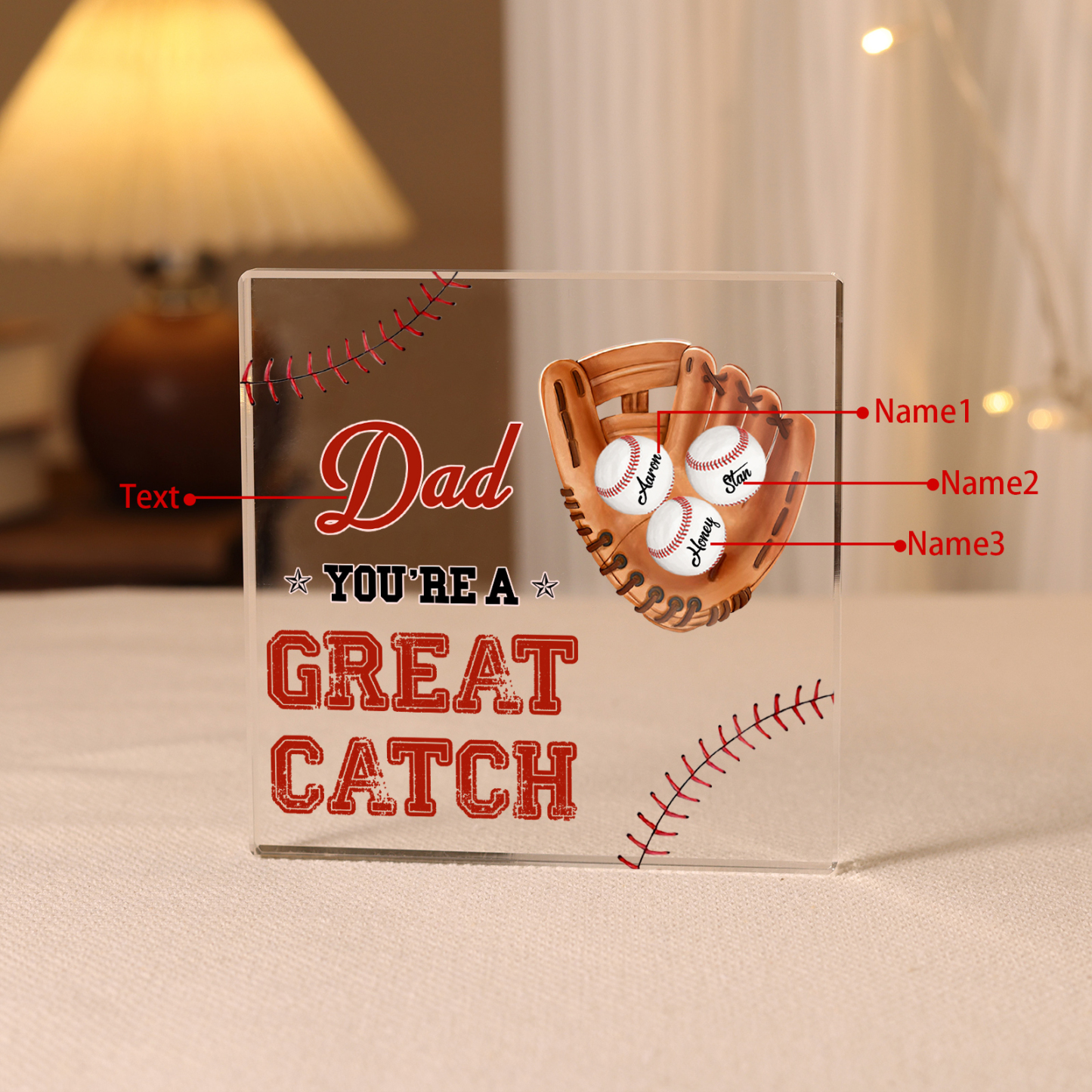 3 Names - Personalised Baseball Acrylic Keepsake Customized Name and Text Acrylic Plaque Ornament Father's Day Gift for Dad