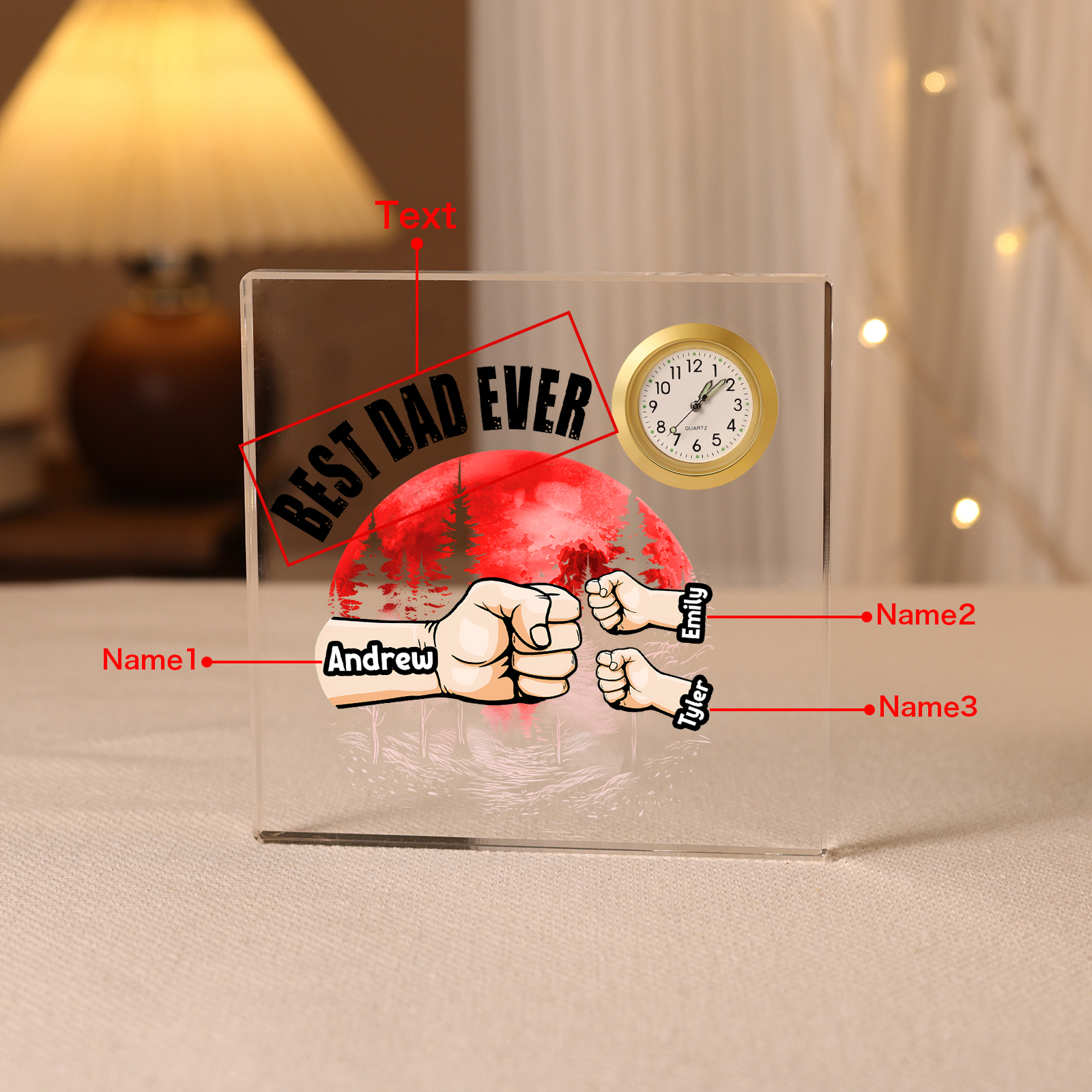3 Names - Personalised Fist Red Forest Style Acrylic Clock Ornament Ornament Customized Name and Text Acrylic Father's Day Gift for Dad