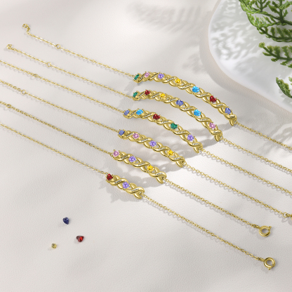 Personalised Bracelet With 4 Heart Birthstones Engraved Names Bracelet Gift For Women