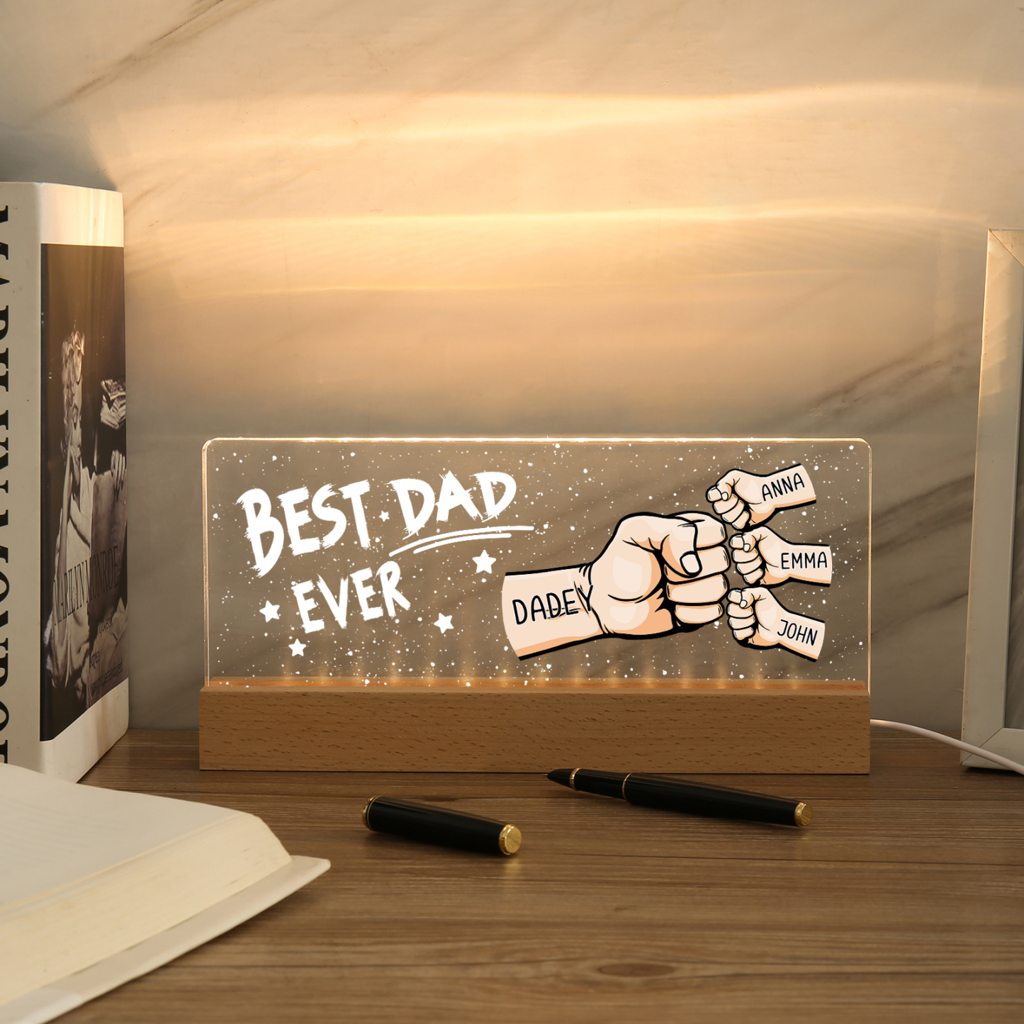4 Names - Personalised Fist Bump Lamp - Best Dad Ever - Father's Day Gift for Dad