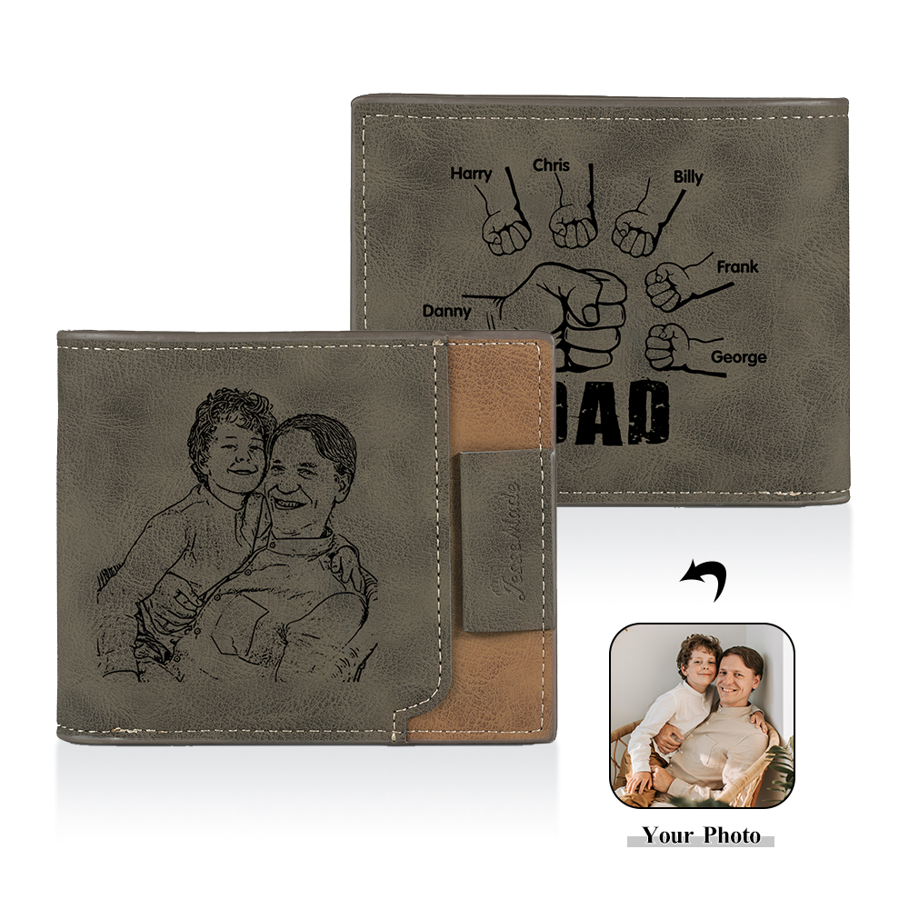 6 Names - Personalised Fist Bump Photo Custom Leather Men's  Wallet as a Father's Day Gift for Dad