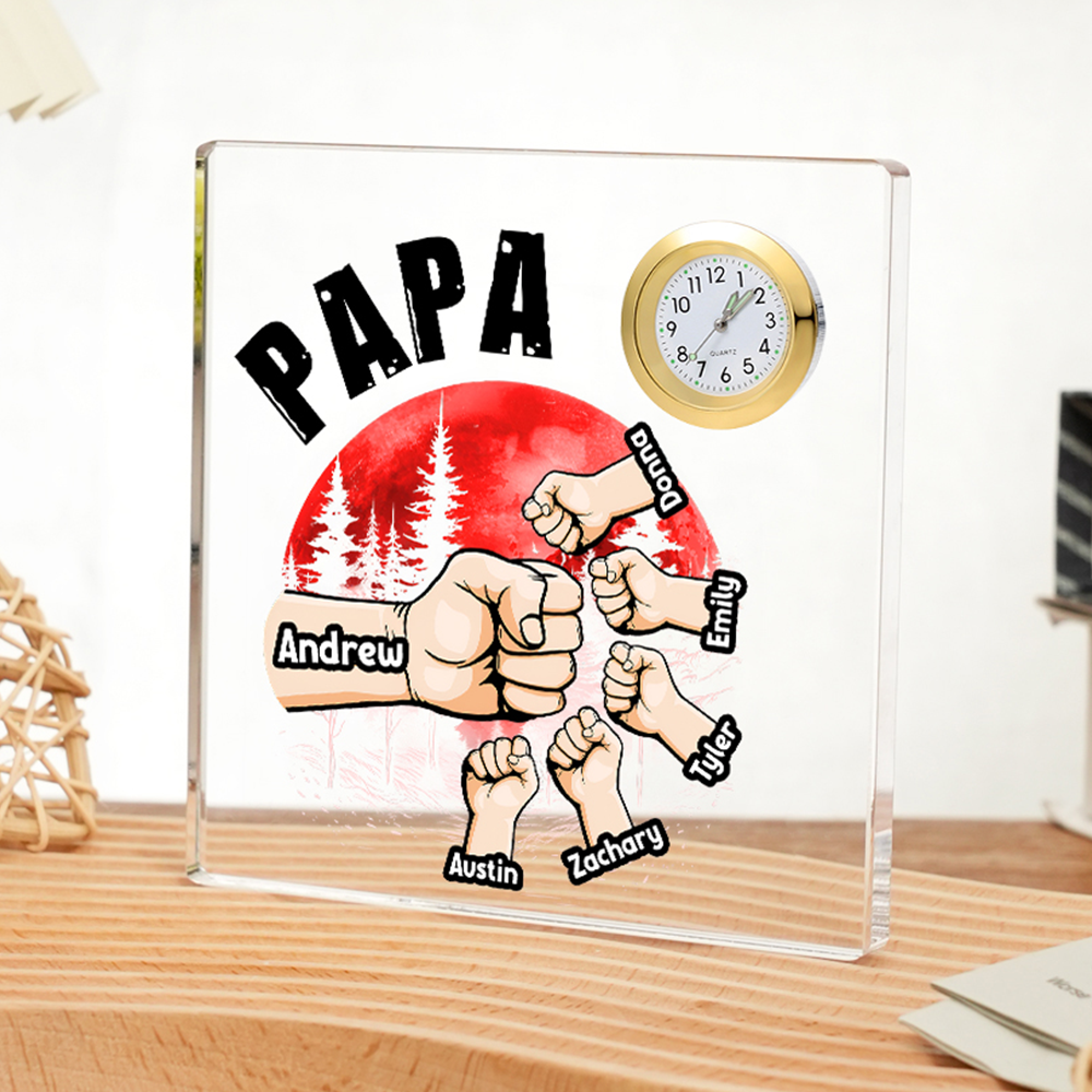 6 Names - Personalised Fist Red Forest Style Acrylic Clock Ornament Ornament Customized Name and Text Acrylic Father's Day Gift for Dad