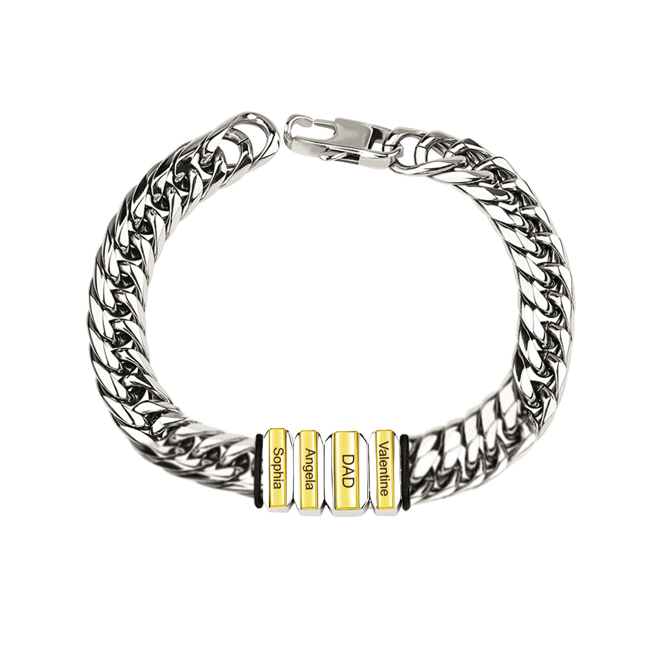 Personalised Mens Cuban Link Chain Bracelet Engraved 4 Beads Father's Day Gift