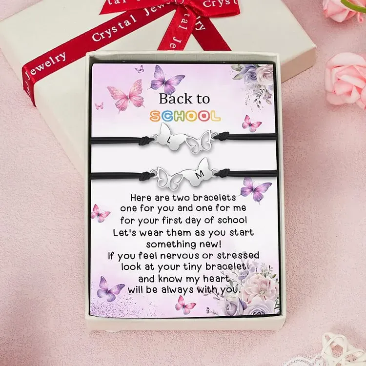 2 Pack Personalized Butterfly Elastic Cord Bracelet with Card and Gift Box, Customized 2 Letters, Gift for Daughter