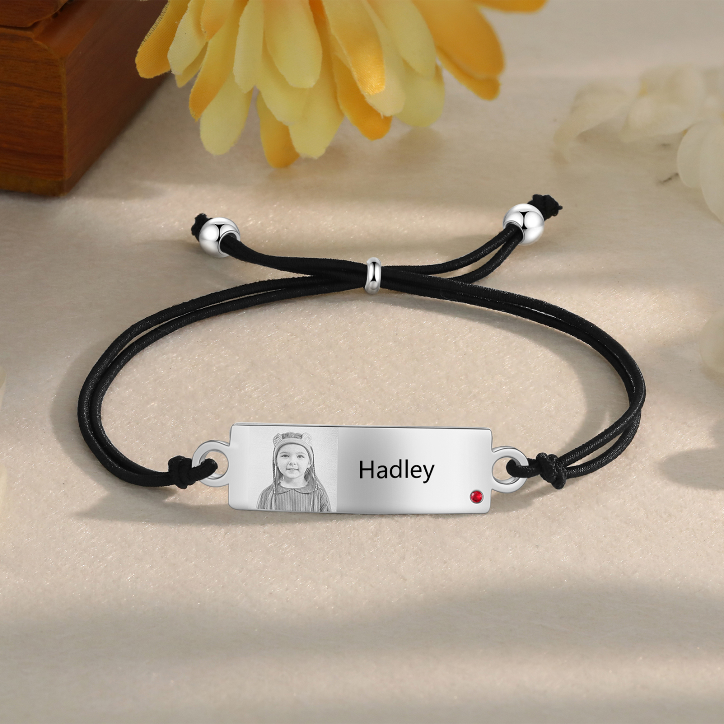 Personalized Custom Photo & Name & Birthstone Elastic Rope Stainless Steel Bracelet Adjustable Back To School Gift For Children