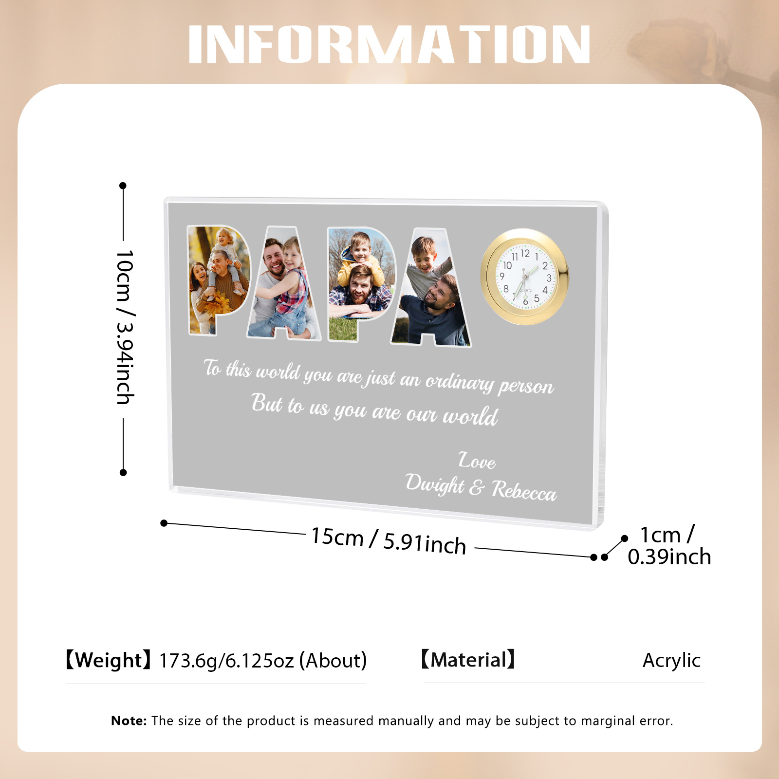 4 Photos - Personalised Custom Photo and Name Rectangular Clock Acrylic Keepsake Father's Day Gift for Dad