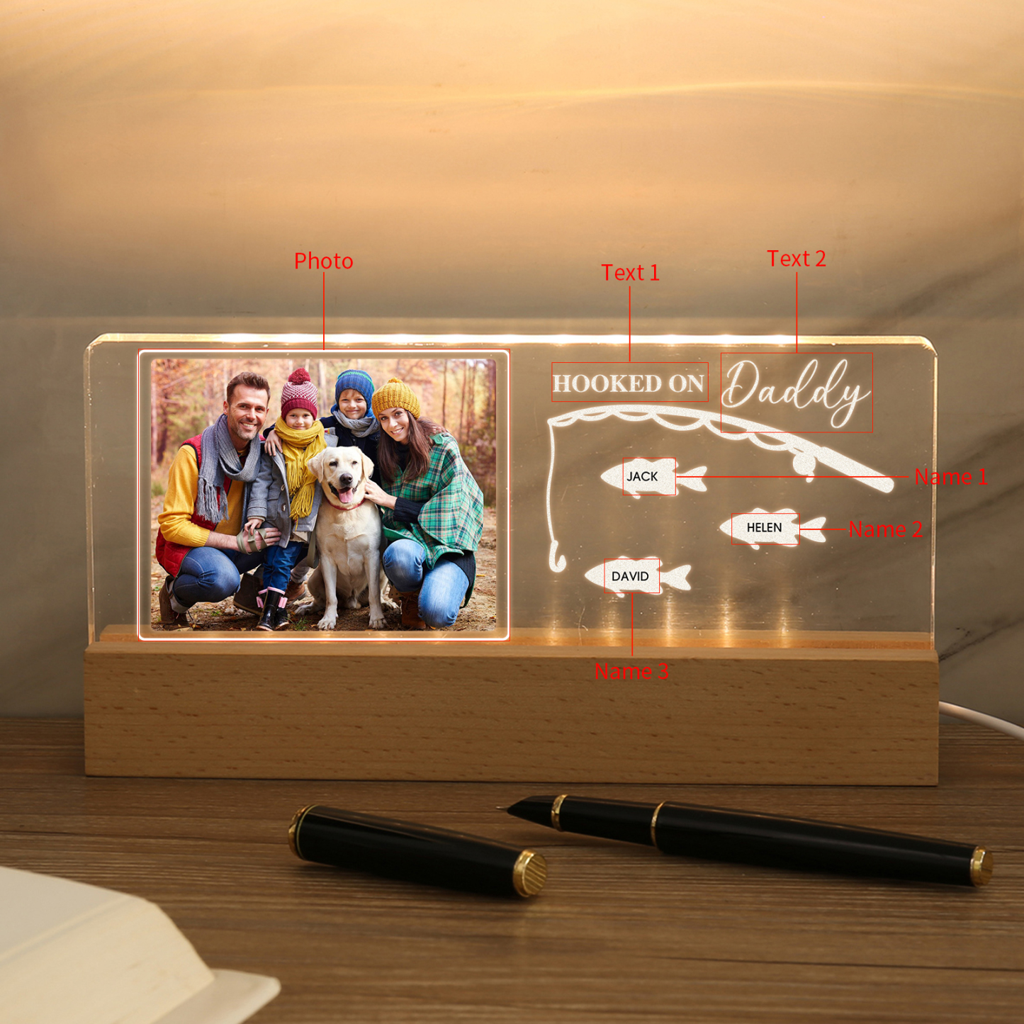 3 Names - Personalised Photo Fishing Pattern Desk Lamp Father's Day Gift For Dad