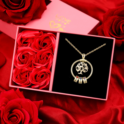 3 Names-Personalised Family Tree Necklace With 3 Birthstones Engraved Names Gift For Her