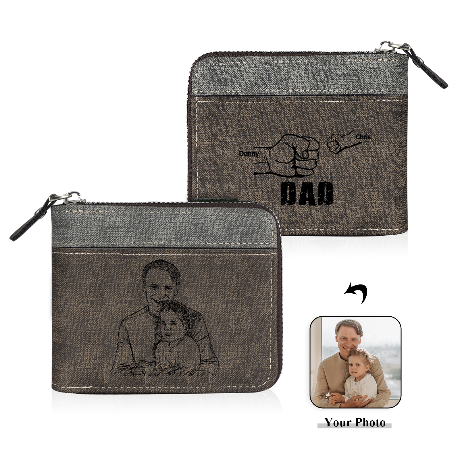 2 Names - Personalised Fist Bump Photo Custom Leather Men's Zipper Wallet as a Father's Day Gift for Dad