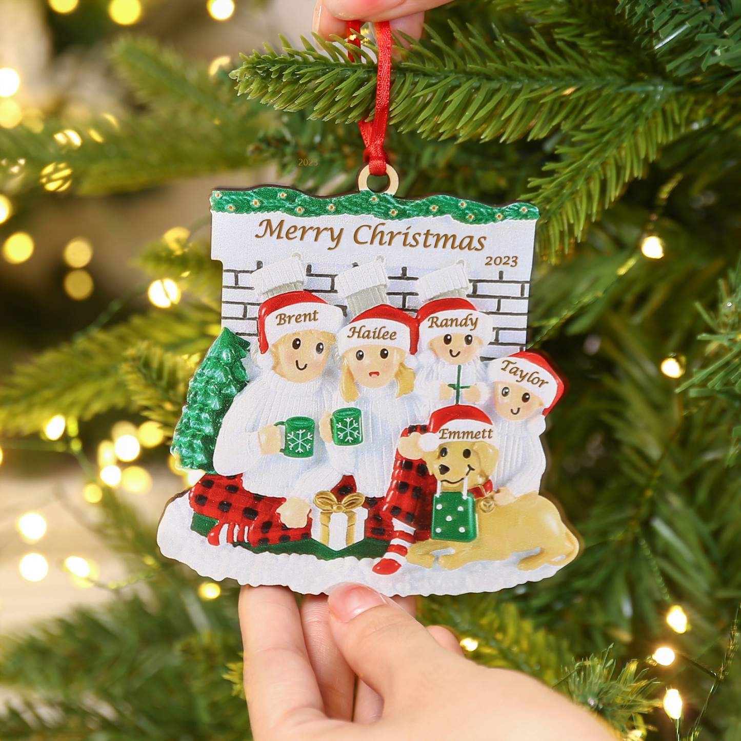 5 Names-Personalised Family Wooden Christmas Xmas Tree Decoration Ornament with Dog-Custom 5 Names Hanging Ornament Gifts For Family