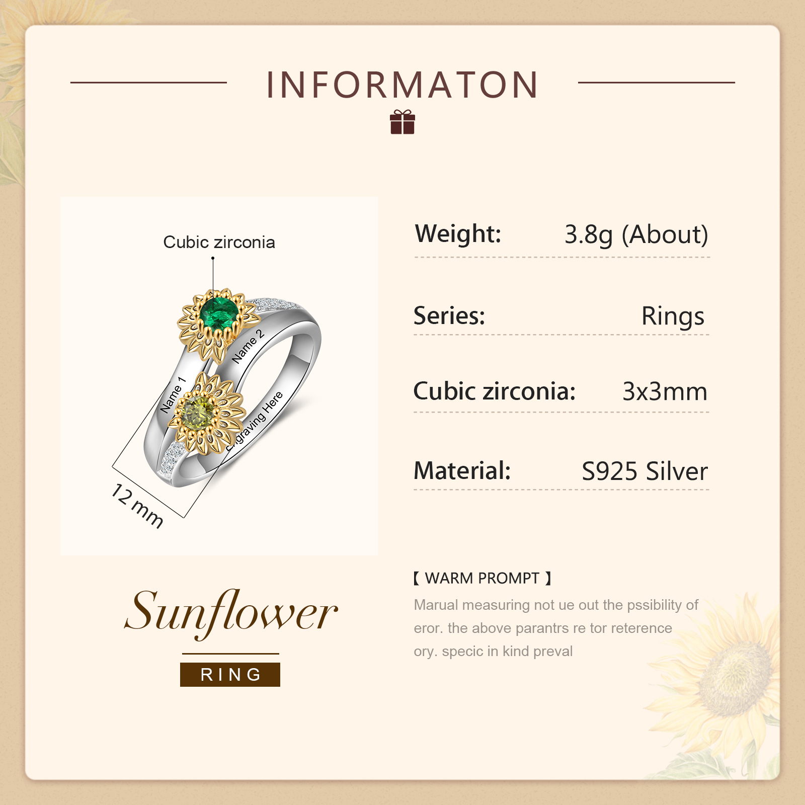Personalised Sunflower Ring With 2 Birthstones Engraved Names Ring Gift For Women | Jessemade
