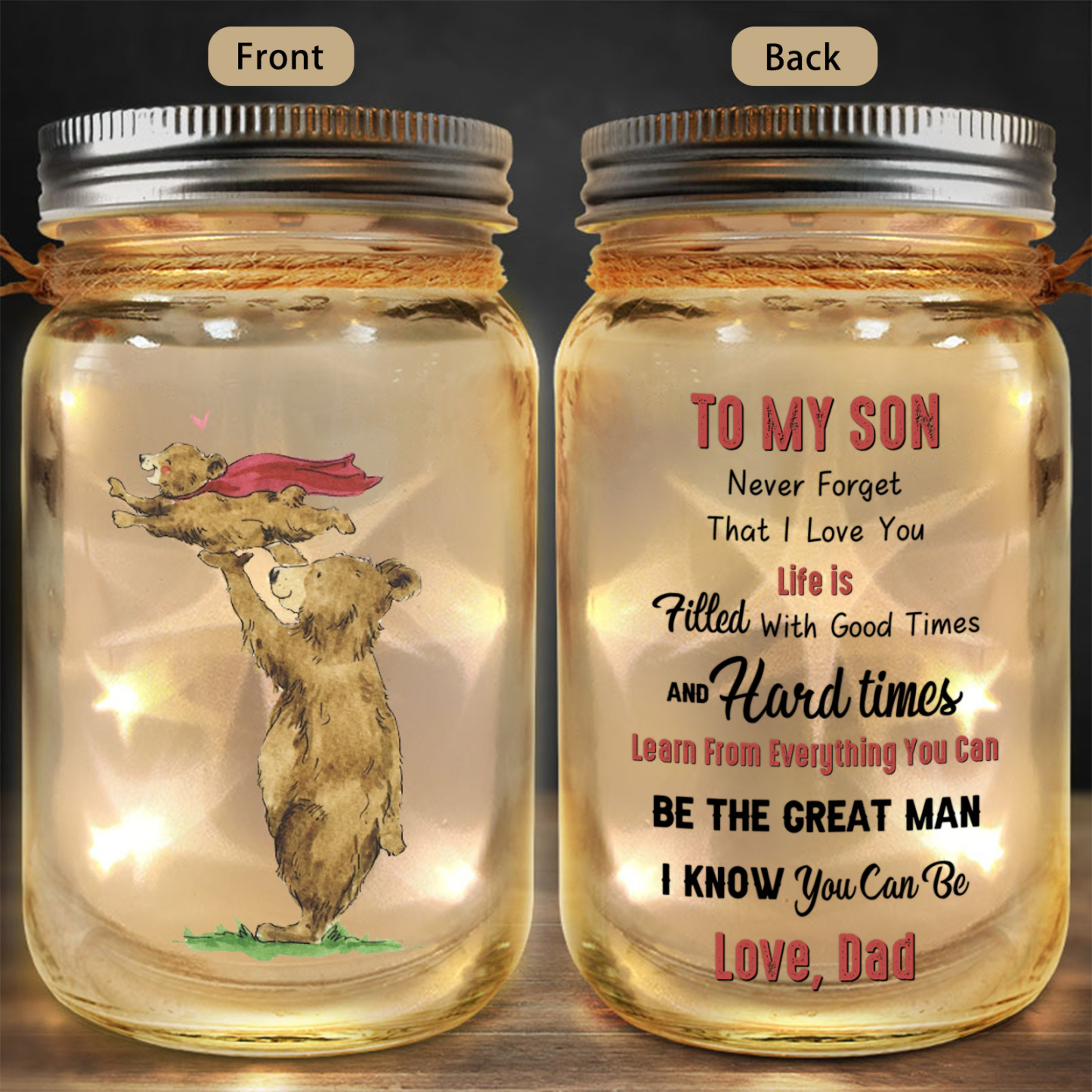 Personalised LED Mason Jar Night Light Customisable Birthday Christmas Graduation Gift for Son from Dad | Jessemade