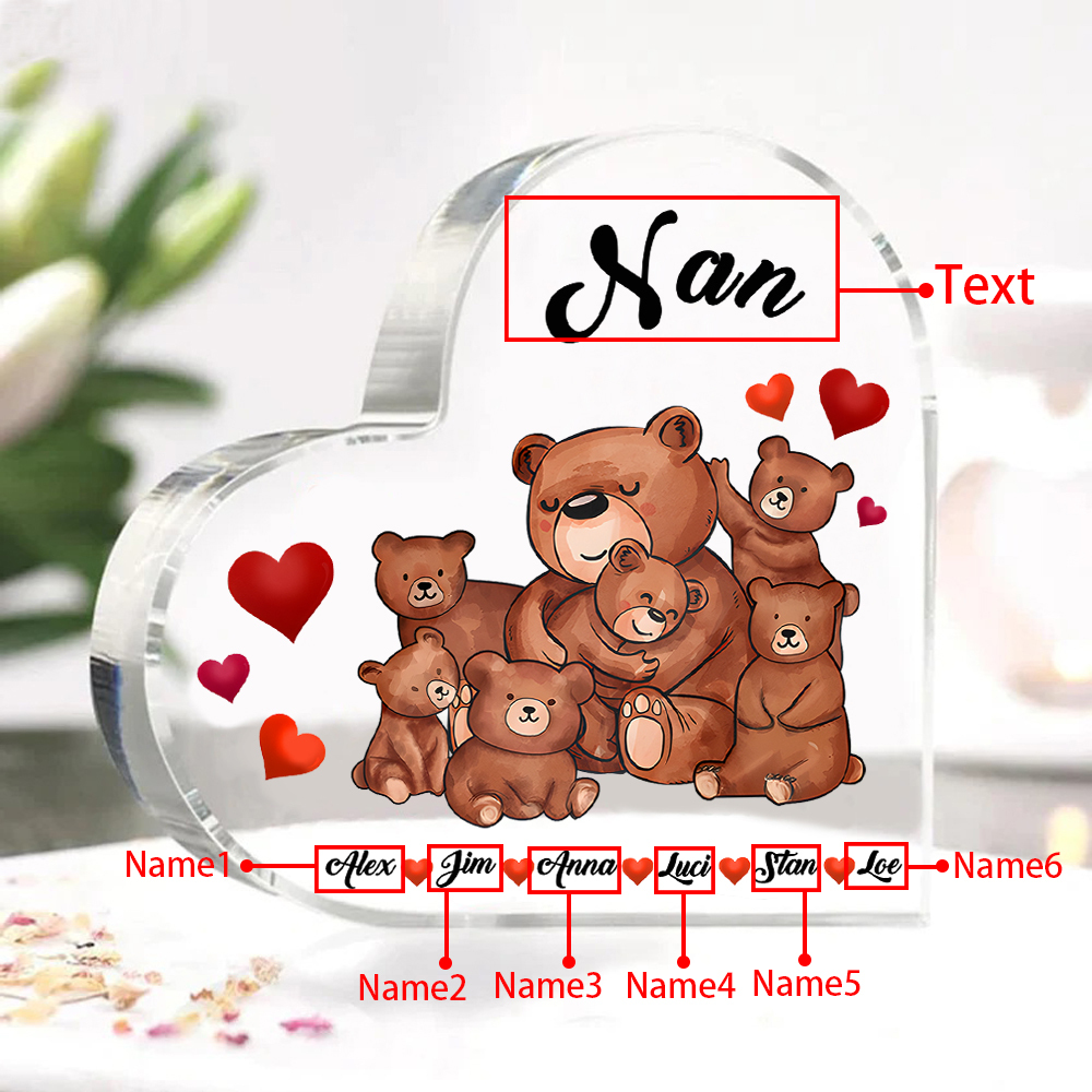 Personalised Heart-Shaped Acrylic Plaque Customizable with 6 Names and Text with Bear Design -  For Nan | Jessmade