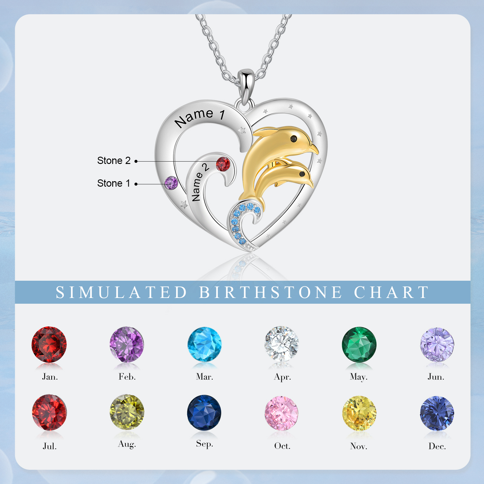 2 Names - Personalised Beautiful Dolphin Heart Necklace with Customized Name and Birthstone Gift for Her