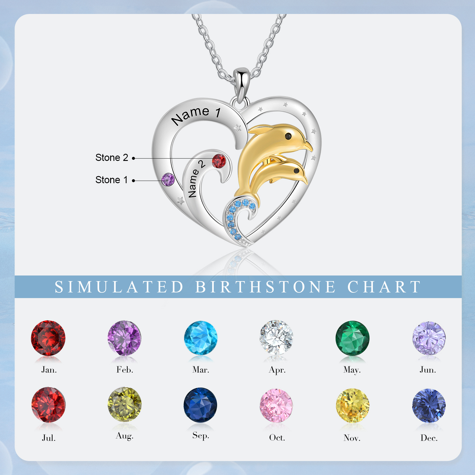 2 Names - Personalised Beautiful Dolphin Heart Necklace with Customized Name and Birthstone Gift for Her