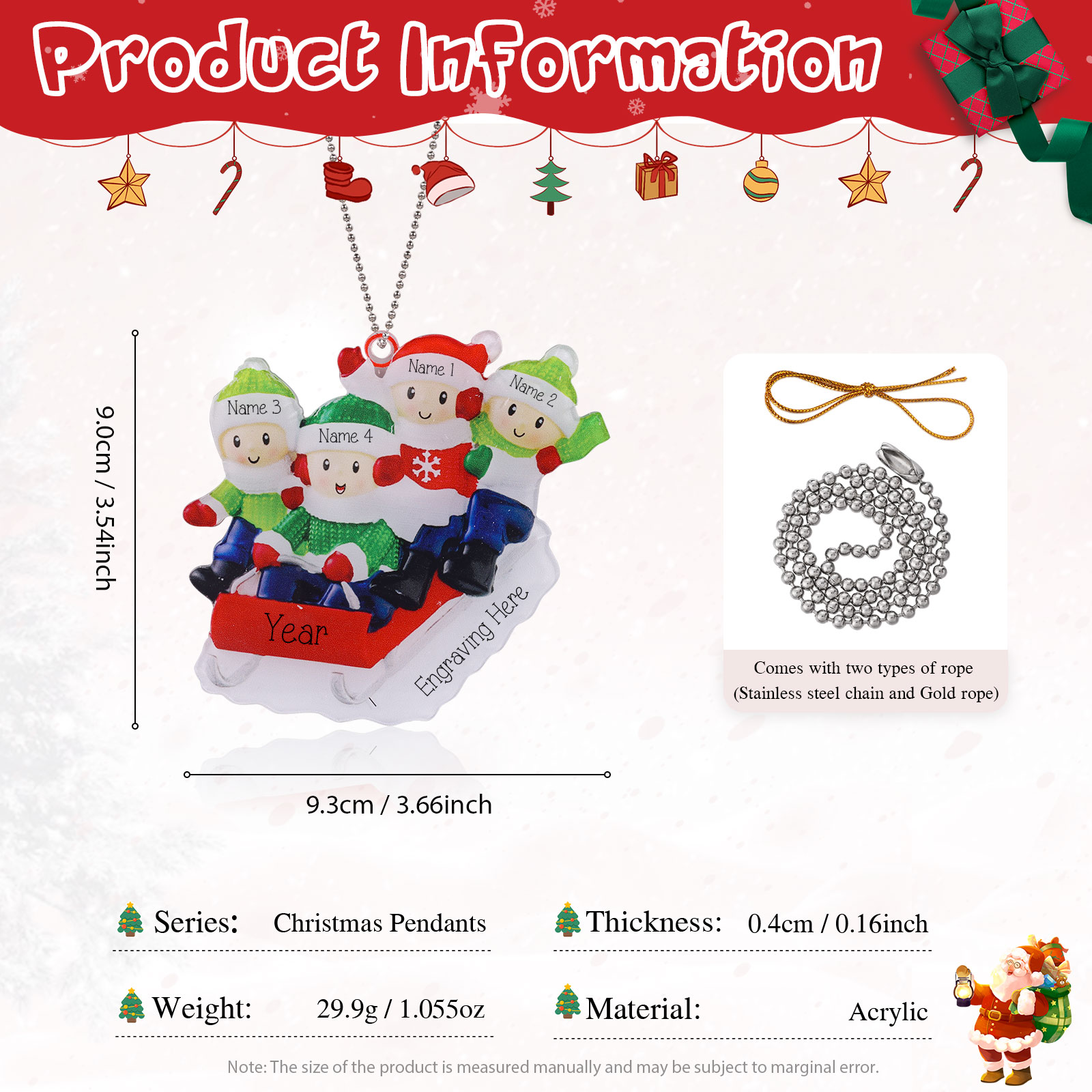 4 Names-Personalised Family Acrylic Christmas Xmas Tree Decoration Ornament-Custom 4 Names And Text Hanging Ornament Gifts For Family