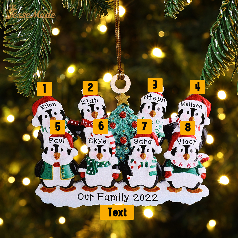 8 Names-Personalised Family Wooden Christmas Ornament-Custom 8 Names Hanging Ornament Gifts For Family-Winter Penguin Family