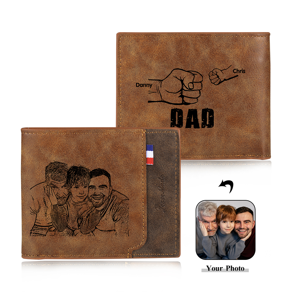 2 Names - Personalised Photo Custom Leather Men's Wallet as a Father's Day Gift for Dad