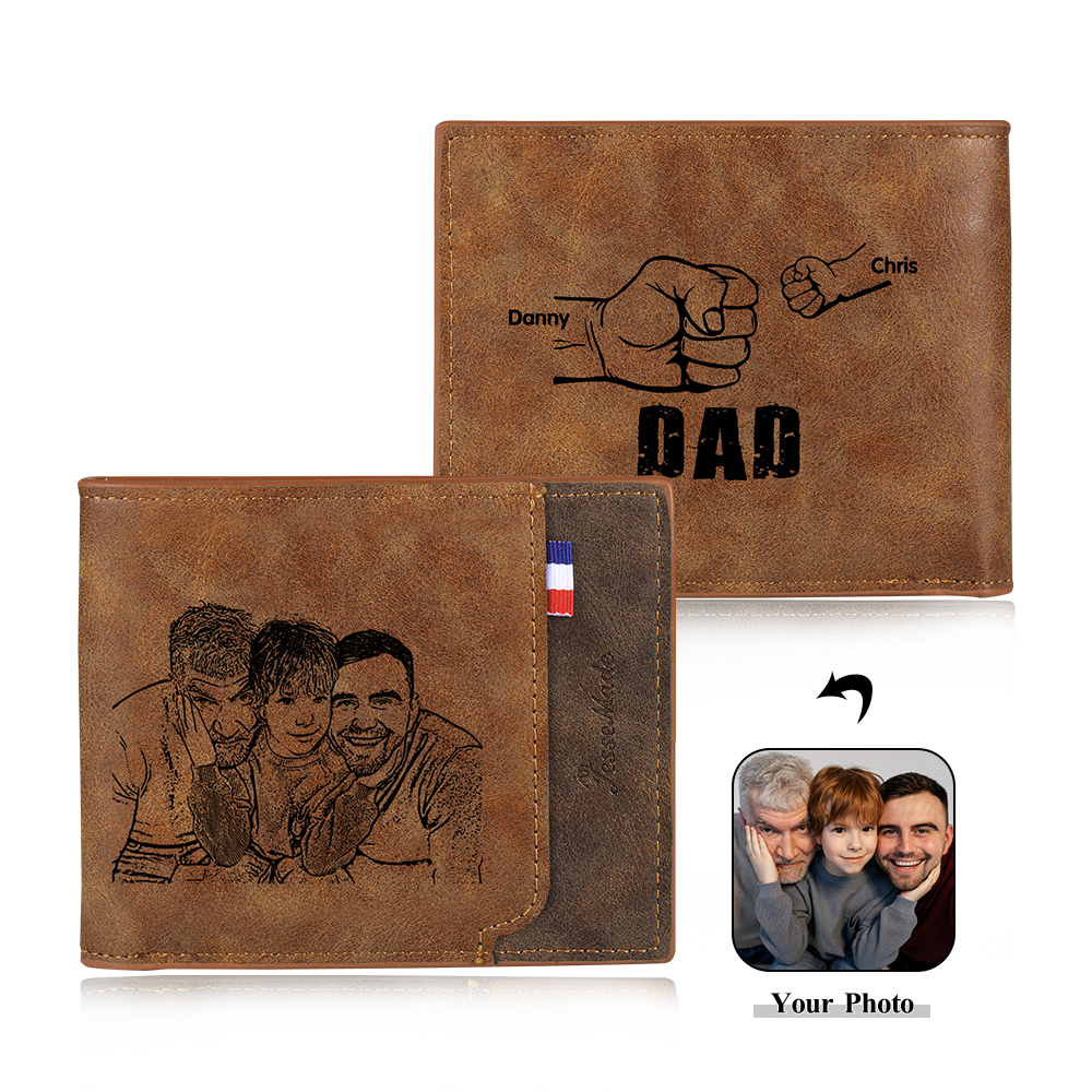 2 Names - Personalised Photo Custom Leather Men's Wallet as a Father's Day Gift for Dad