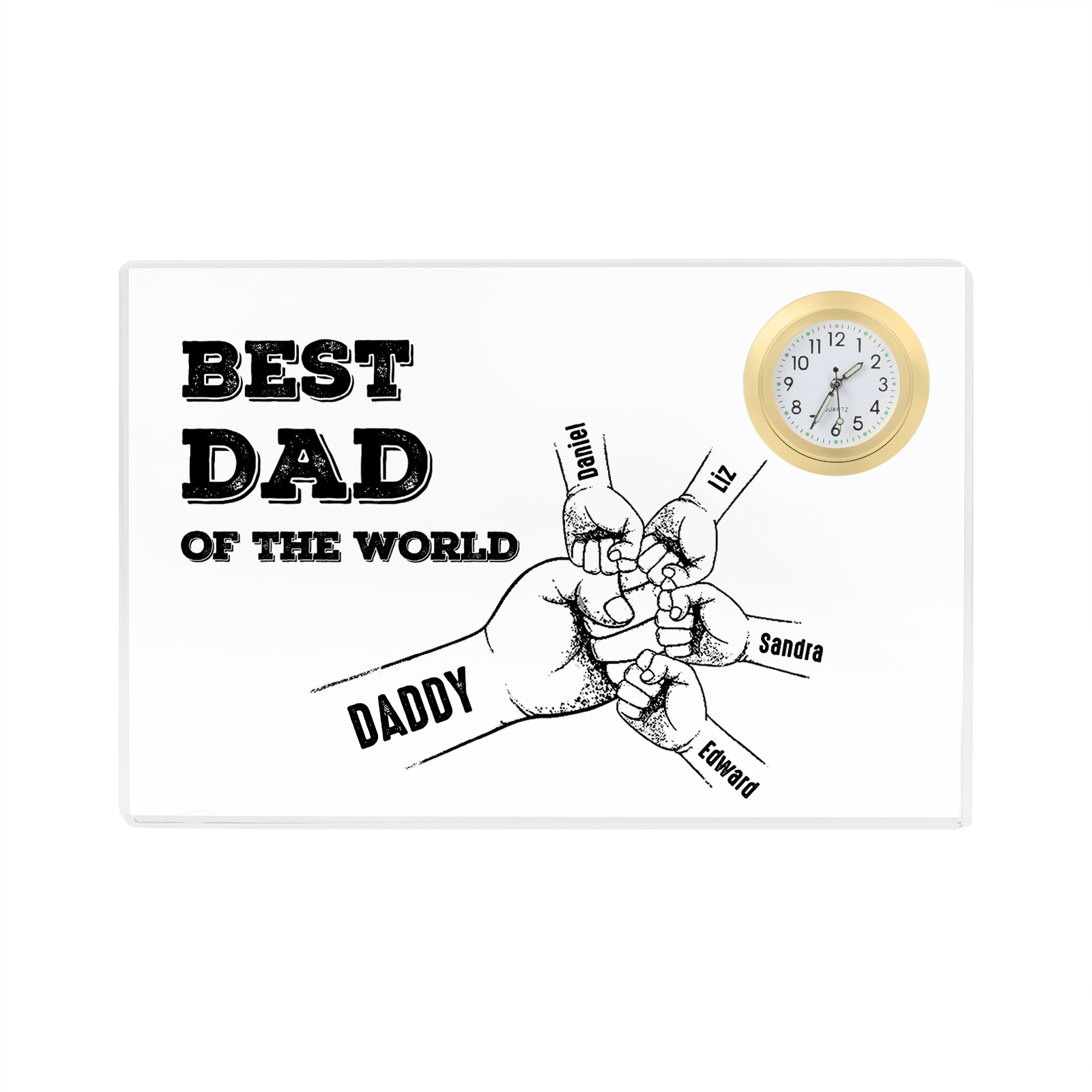 5 Names - Personalised Fist Bump Acrylic Rectangular Clock Ornament Father's Day Gift for Dad