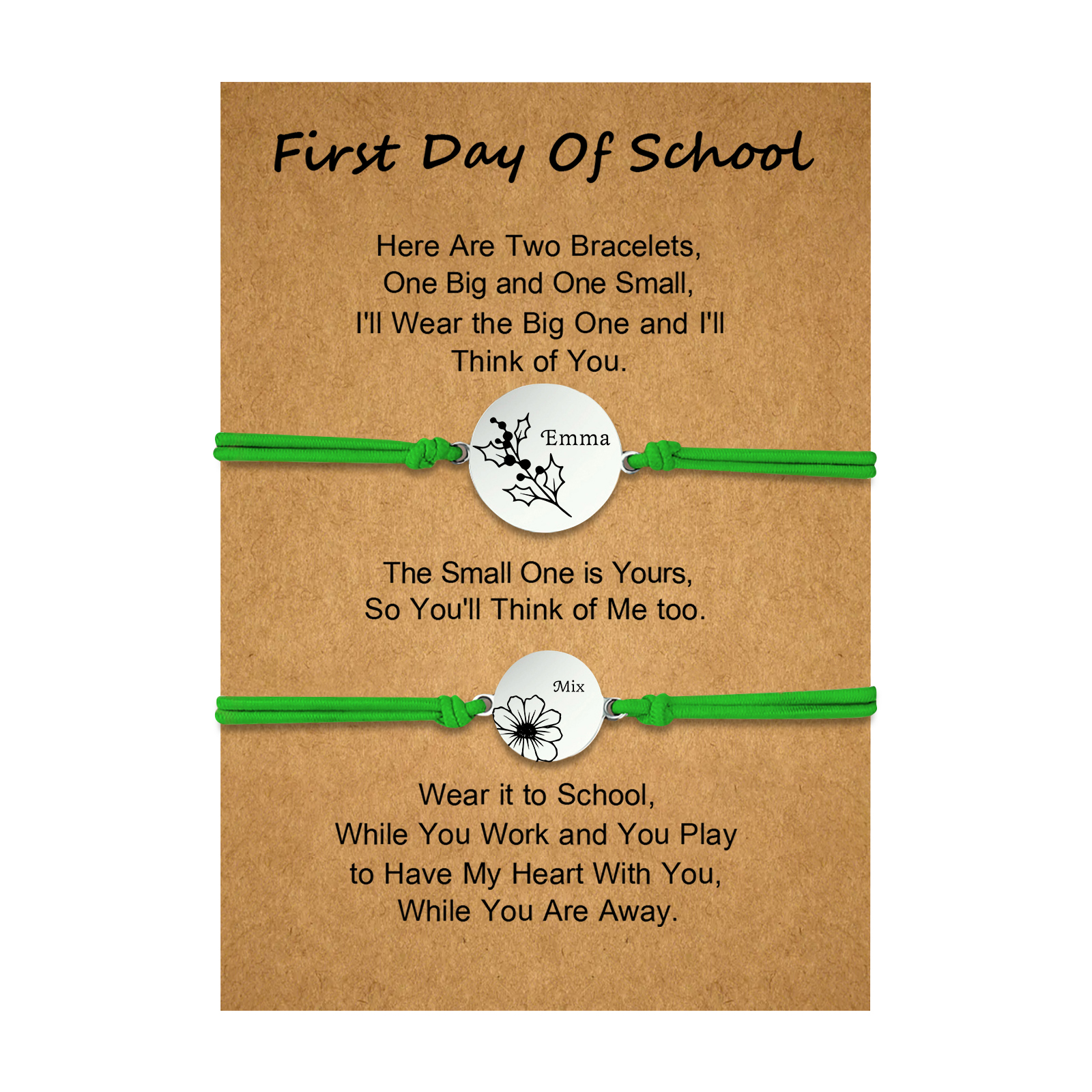 2 PCS Personalized 2 Birthflowers & 2 Names Elastic Stainless Steel Bracelet First Day of School Gift for Daughter