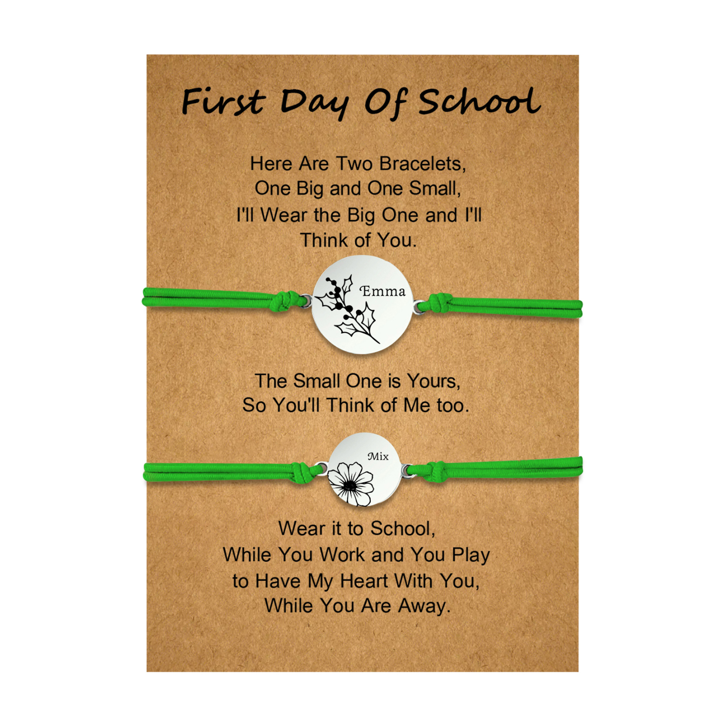 2 PCS Personalized 2 Birthflowers & 2 Names Elastic Stainless Steel Bracelet First Day of School Gift for Daughter