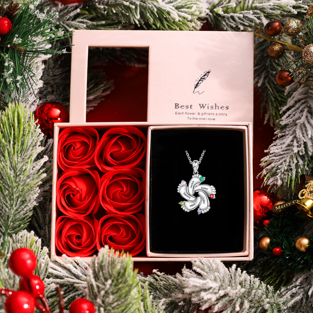 5 Names-Personalised Baby Foot Necklace Gift Set With Rose Box-Custom Women Necklace With 5 Birthstones Engraved Names Gift For Mother/Her
