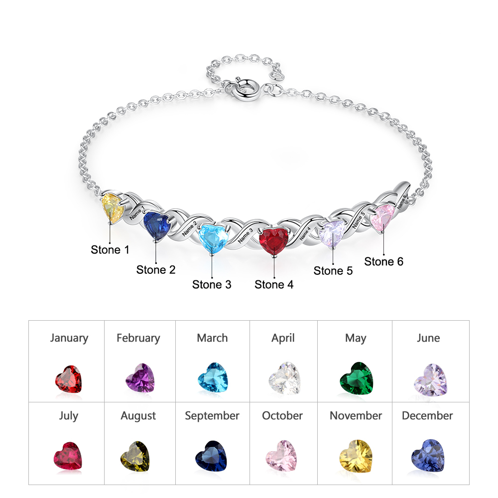 Personalised Bracelet With 6 Heart Birthstones Engraved Names Bracelet Gift For Women