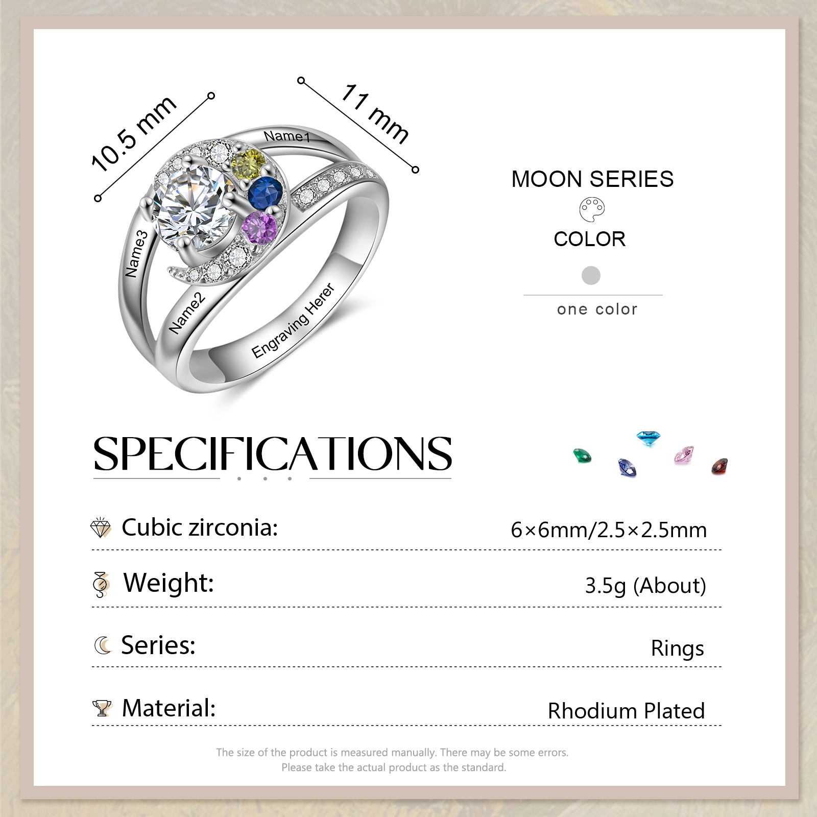 Personalised Moon Star Ring With 3 Birthstones Custom Names Best Gift For Women