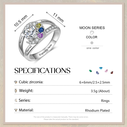 Personalised Moon Star Ring With 3 Birthstones Custom Names Best Gift For Women