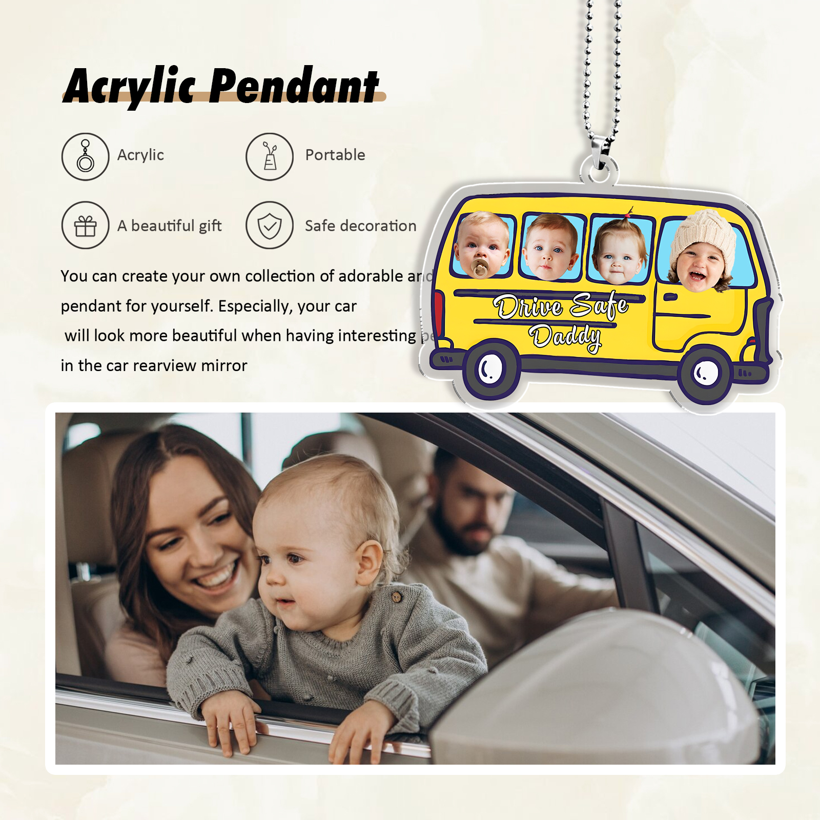 Acrylic Keyring/Decoration Personalised 4 Photos, Name And Text Driving Pattern Pendant For Dad