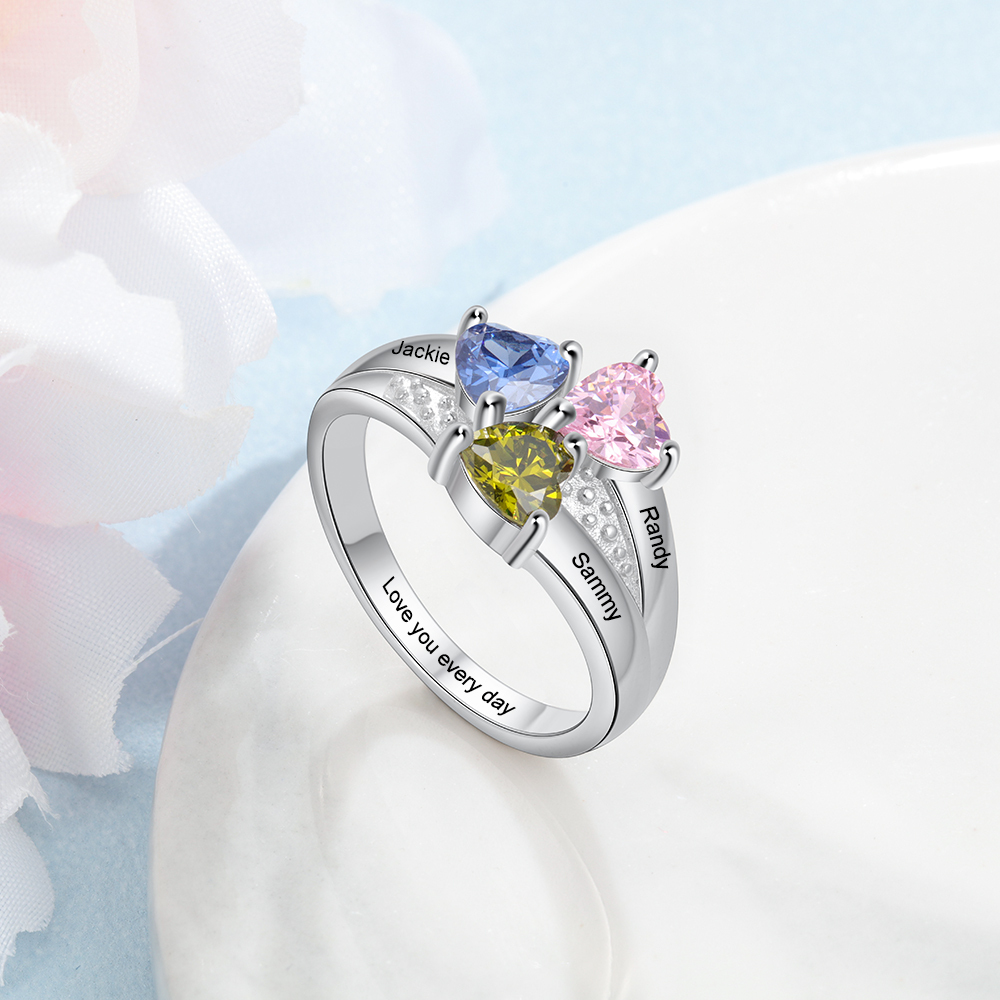 Personalised Heart Birthstone Ring with Engraving 3 Names and 3 Birthstones Ring Gifts For Her | Jessmade