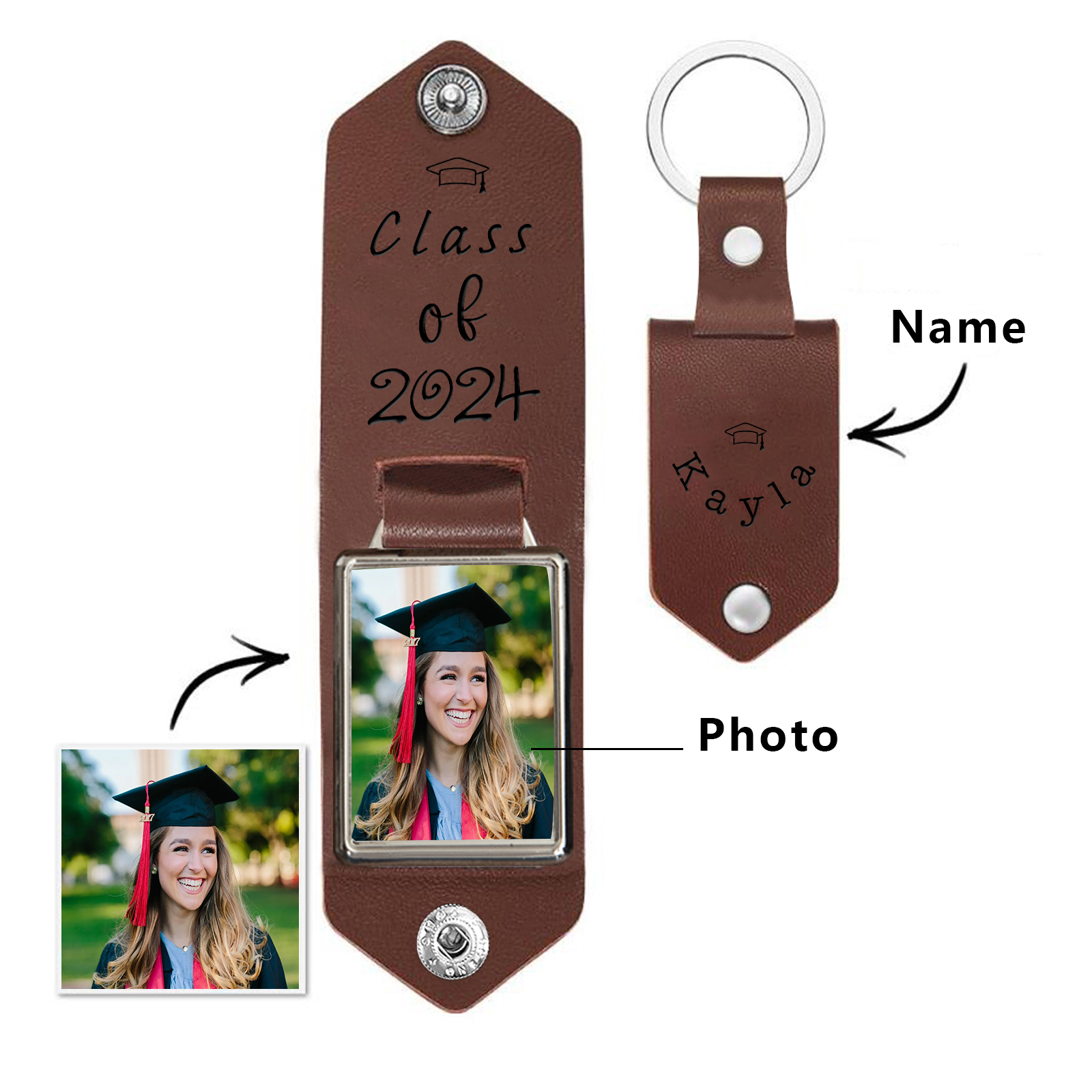 2024 Graduation Gifts - Personalised Name Flip Leather Keyring Customized Photo Keyring Gift for Her/Him