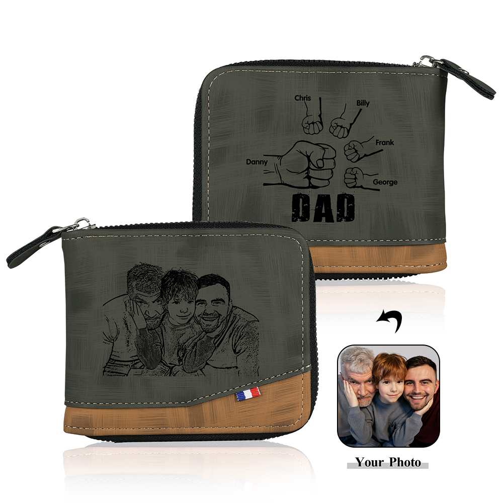 5 Names - Personalised Photo Custom Leather Men's Zipper Wallet as a Father's Day Gift for Dad