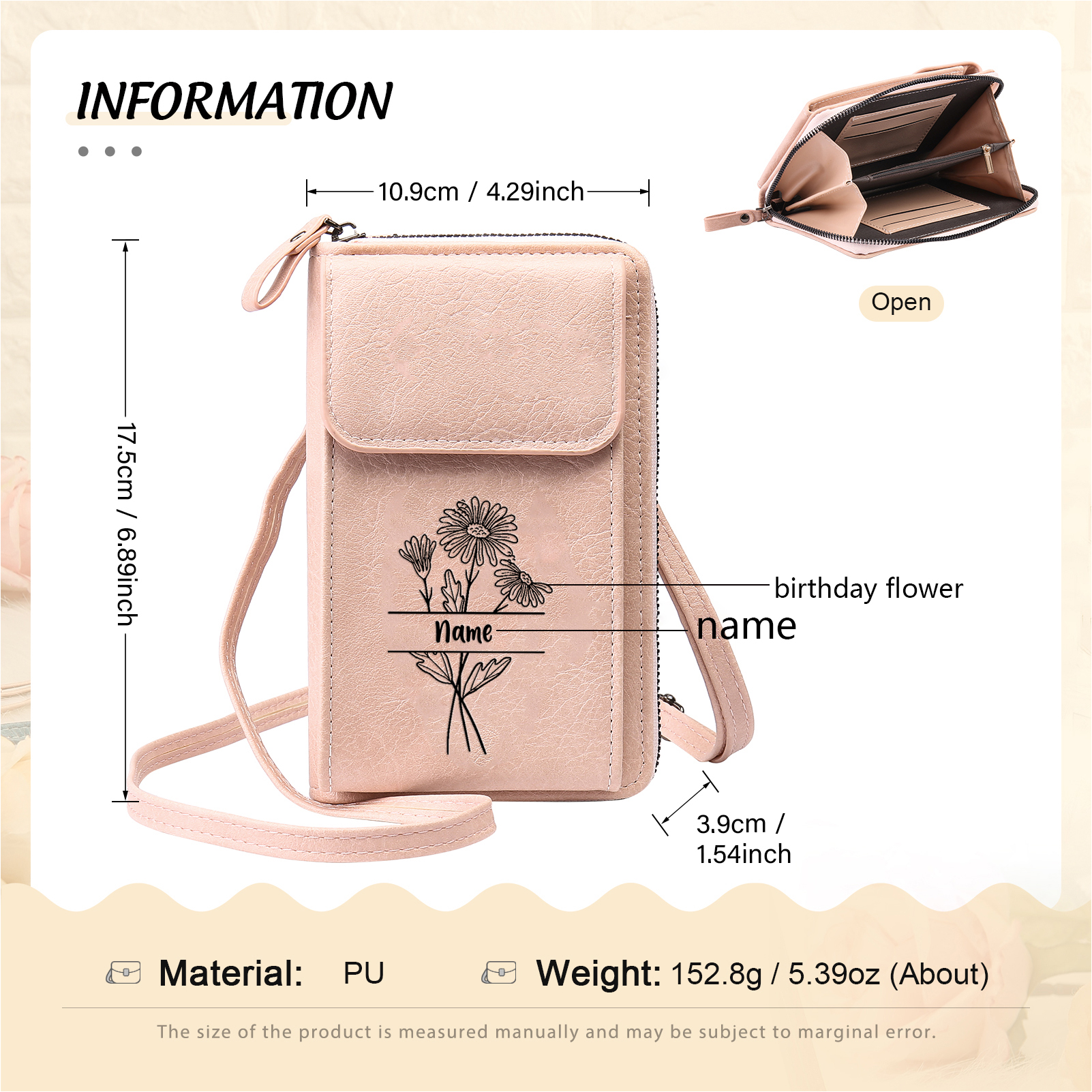 Custom Purse-Personalised Women's Leather Wallet Custom Birthflower & Name Mobile Phone Wallet Zipper Crossbody Bag