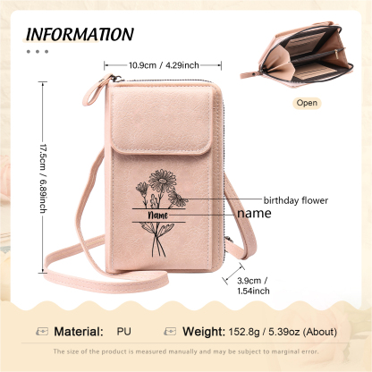 Custom Purse-Personalised Women's Leather Wallet Custom Birthflower & Name Mobile Phone Wallet Zipper Crossbody Bag