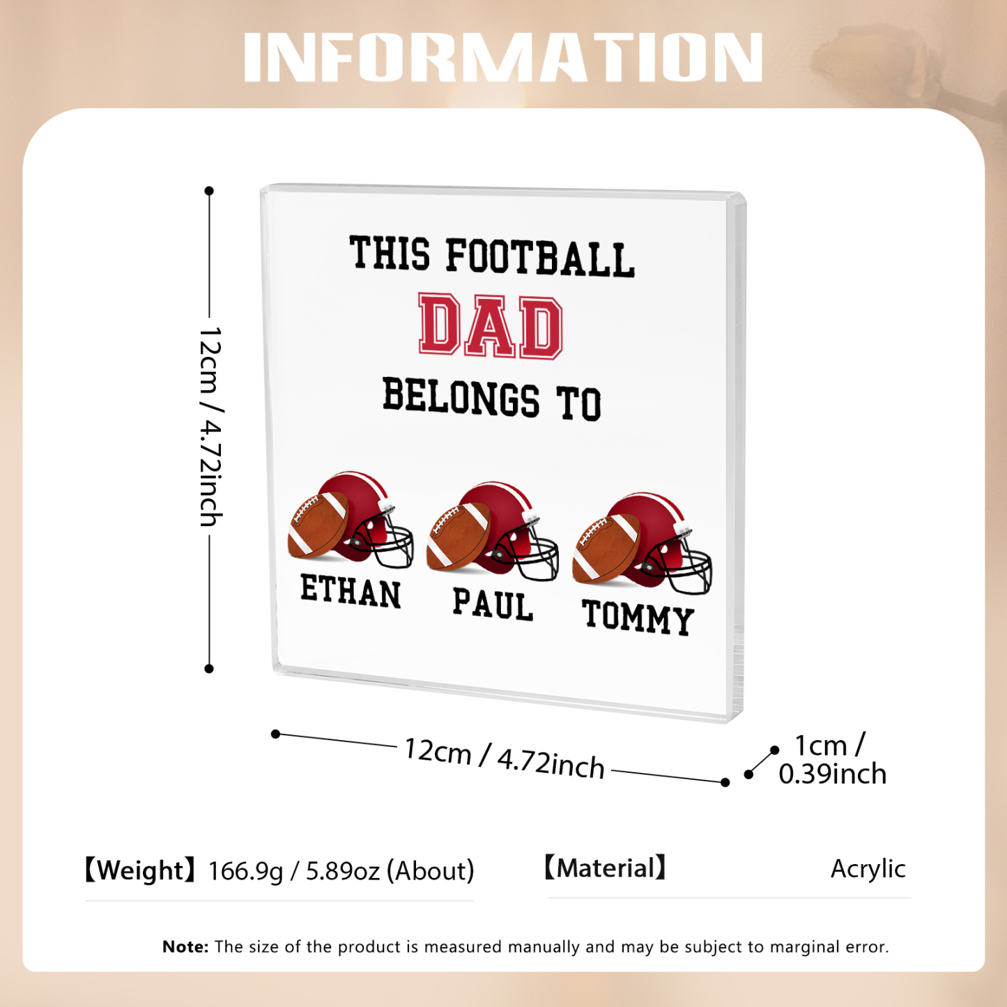3 Names -Personalised Football Acrylic Keepsake Customized Name Acrylic Plaque Ornament Father's Day Gift for Dad