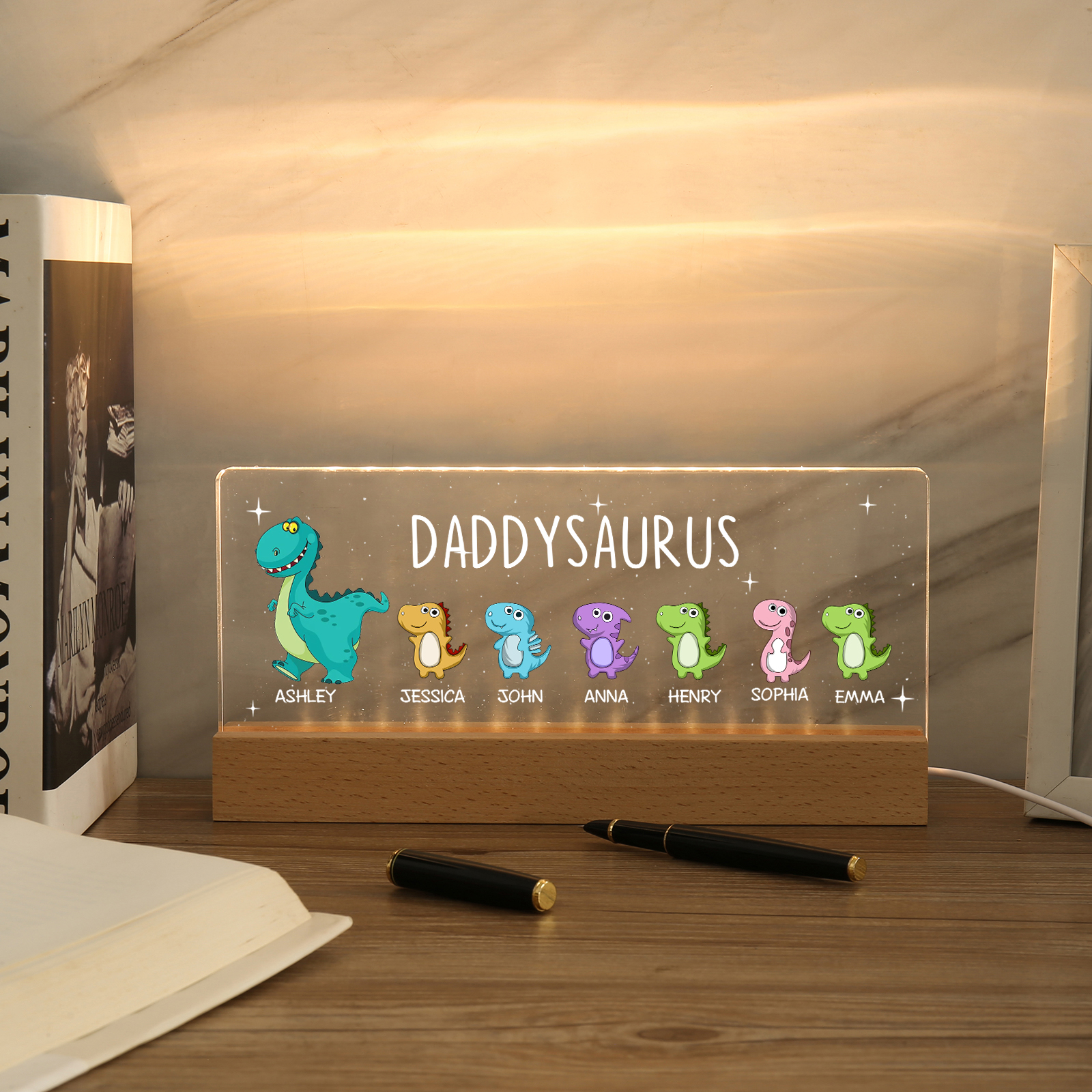 7 Names - Personalised Cute Dinosaur Pattern Beautiful Table Lamp Father's Day Gift for Dad