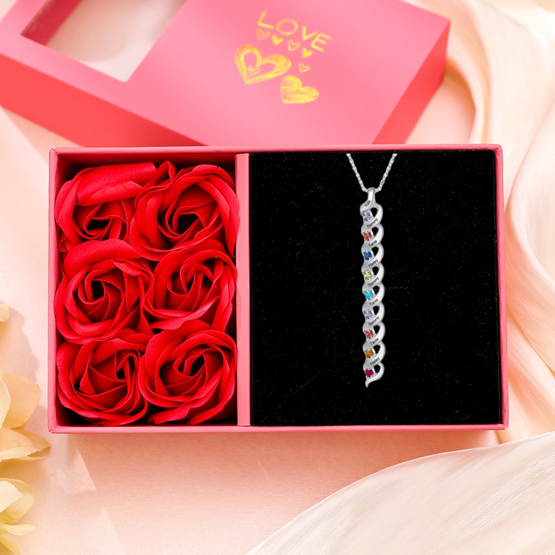 9 Names-Personalised Birthstones Necklace Set With Rose Gift Box-Custom Cascading Pendant Necklace Engraving 9 Names Gifts for Her