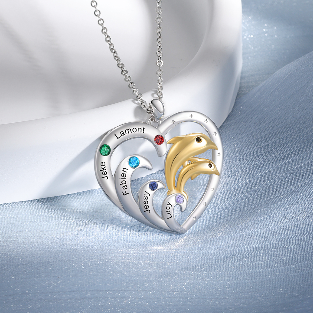 5 Names - Personalised Beautiful Dolphin Heart Necklace with Customized Name and Birthstone Gift for Her