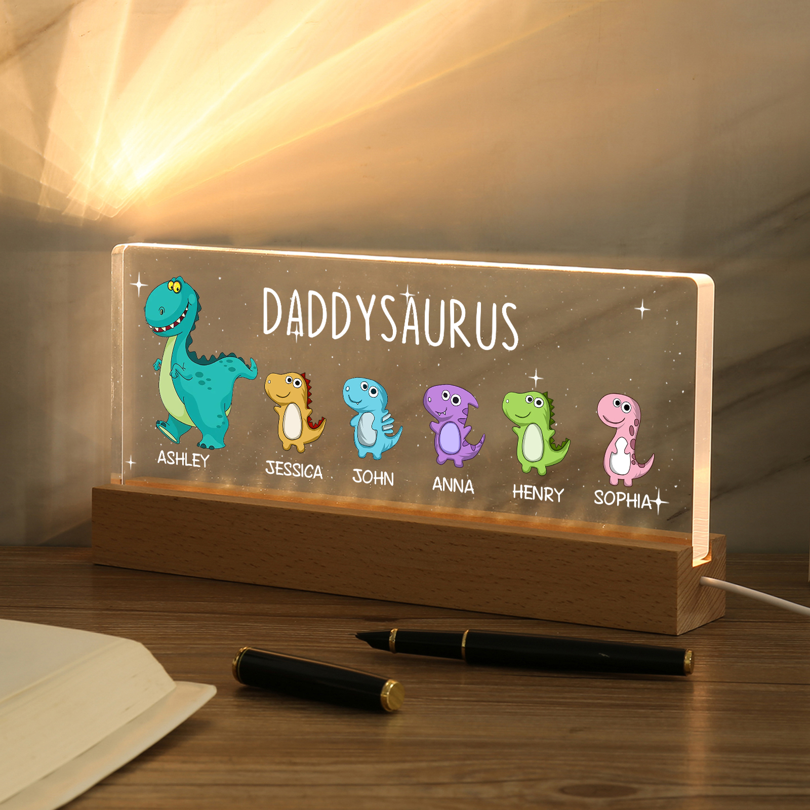 6 Names - Personalised Cute Dinosaur Pattern Beautiful Table Lamp Father's Day Gift for Dad